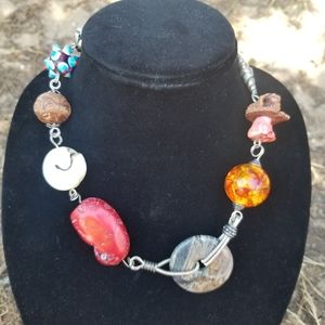 Vintage  Chunky Artisan Statement Necklace Multi Stones, Lucite, wood and Metal